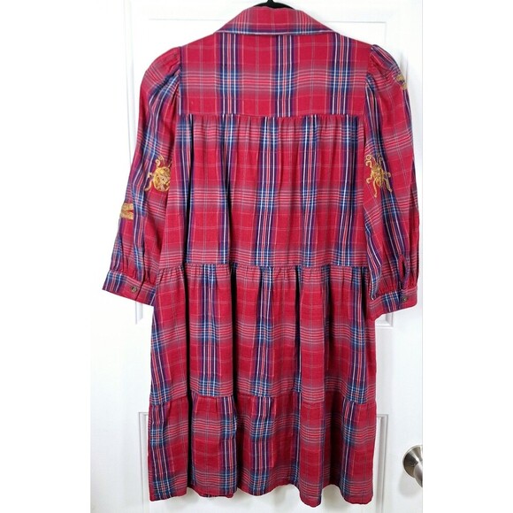 Desigual Women's Red Plaid Embroidered Babydoll Flowy Mini Dress Size Small - Picture 4 of 8